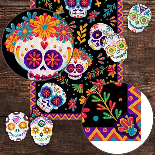 Vista 5 de Pudodo Camino de mesa del Día de los Muertos con calavera de azúcar, Día de los Muertos, festival mexicano, vacaciones, cocina, comedor, decoración