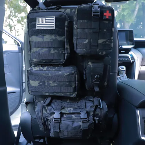 Vista 17 de Organizador táctico universal para respaldo de asiento, panel Molle para vehículo, bolsa de almacenamiento con 5 bolsas Molle desmontables