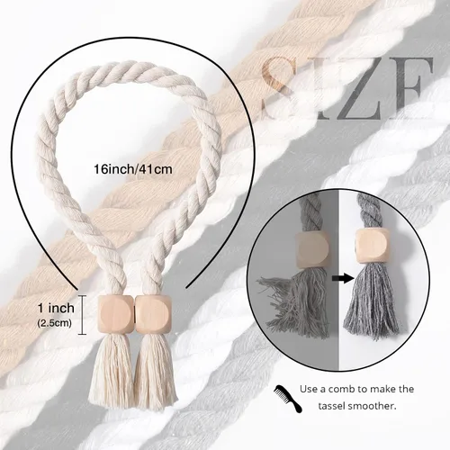 Vista 4 de NICEEC 2 Pack de Alzapaños Magnéticos de Madera en Forma de Cubo Boho para Decoración del Hogar, Alzapaños de Lino Tejidos a Mano para Cortinas Beige