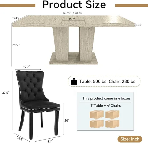 Vista 3 de Henf Juego de mesa de comedor extensible de 5 piezas para 4, mesa de cocina de imitación de mármol de 63"-79" con 4 sillas negras, juego de mesa