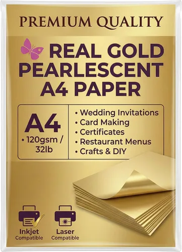Vista 6 de Papel metálico premium con pigmentos de oro real – 120 g/m² (32 lb Bond) Hojas brillantes para certificados y tarjetas para impresoras de inyección