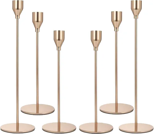 Vista 10 de Juego de 3 candelabros dorados franceses, portavelas de metal para velas cónicas, candelabros dorados, se adapta a velas de 2.2 cm de grosor y velas