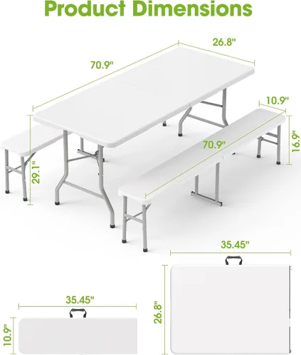 Vista 9 de Pureegg Juego de mesa plegable de 6 pies y 2 sillas, resistente, picnic