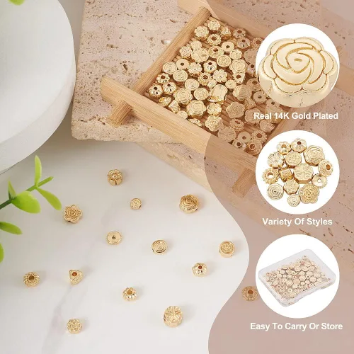 Vista 2 de KISSITTY 84 cuentas espaciadoras chapadas en oro de 14 quilates para hacer joyas, cuentas triangulares de calabaza, espaciadores de metal
