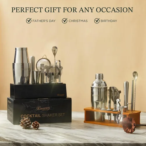 Vista 5 de KITESSENSU Boston Shaker Set Mixology Bartender Kit Kit de coctelera premium con soporte Accesorios profesionales para herramientas de bar