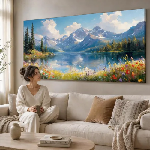 Vista 2 de Inzlove Large Canvas Wall Art 48" L x 24" W - Snow Mountain Lake Landscape Painting, Meadow Wildflowers Art Print, Rustic Farmhouse Decor for Living