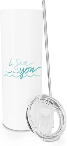 Vista 2 de The Cotton & Canvas Co. I Sea You - Vaso de verano de acero inoxidable con aislamiento al vacío con popote de metal y tapa de cierre deslizante