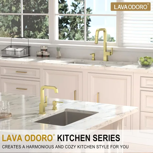 Vista 5 de Lava Odoro Dispensador de jabón para fregadero de cocina, dispensador de jabón dorado para fregadero, moderno y cuadrado integrado para fregadero