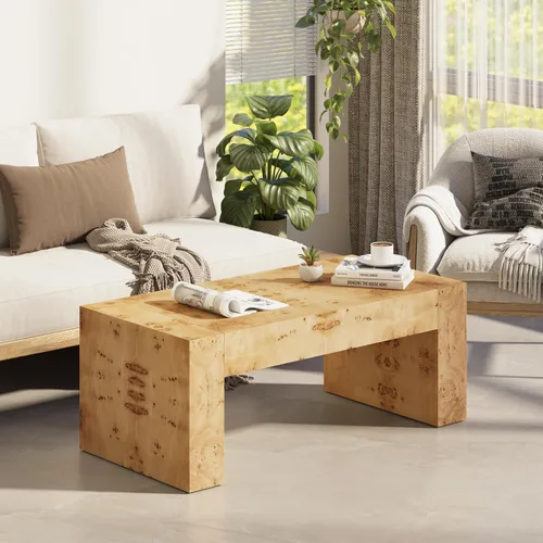 Vista 7 de COZAYH Mesa de café moderna de madera con acabado en buril, patas gruesas, mesa central rectangular para sala de estar, diseño elegante
