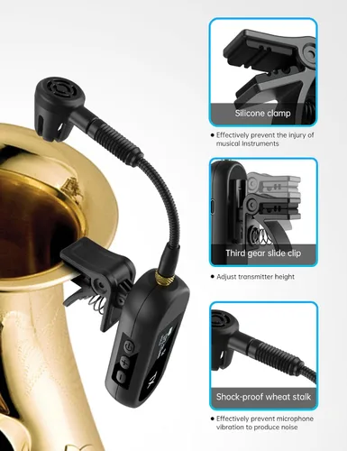 Vista 3 de EBJ Sistema de micrófono de saxofón UHF inalámbrico, micrófono de instrumento de clip, saxofón y trompeta, ecualizador preestablecido y nivel de eco