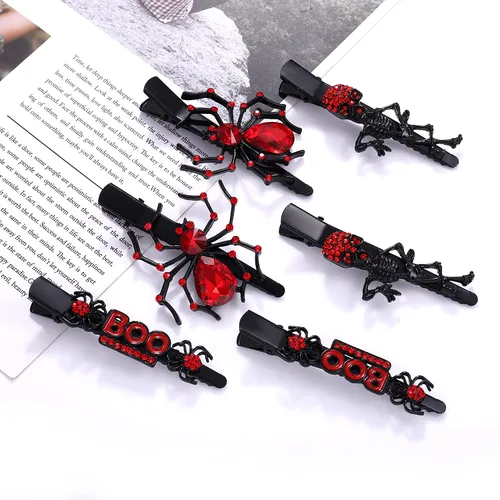 Vista 6 de 3 pares de pinzas para el cabello de Halloween, diseño gótico de araña, pico de pato para mujer, horquillas de esqueleto espeluznante, horquillas