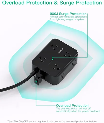 Vista 6 de Regleta protectora contra sobretensiones, enchufe plano, montaje en pared, 8 tomas anchas con 4 puertos USB (2 USB C), cable de extensión resistente