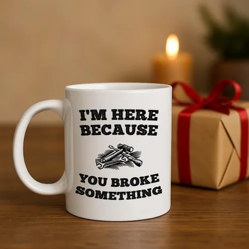 Vista 9 de Casitika Taza de café de 11 onzas con texto en inglés "I'm Here Because You Broke Something". Idea de regalo para personal de servicio o mecánico.
