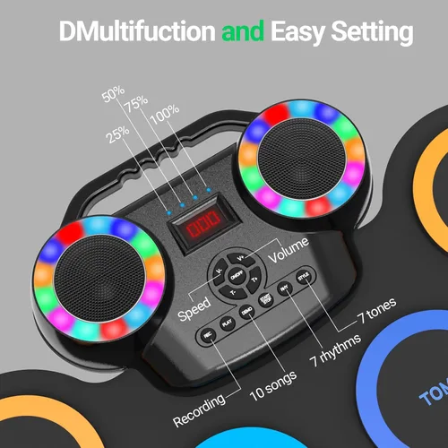 Vista 3 de ROCKSOCKI Juego de Tambor Electrónico de 9 Almohadillas con Luces LED, Kit de Tambor Electrónico Portátil Bluetooth, Almohadilla de Práctica