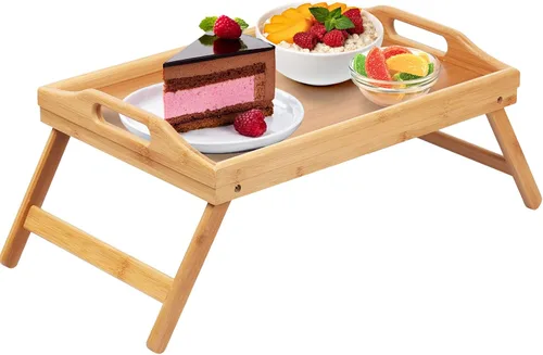 Vista 11 de Artmeer Mesa Bandeja de Cama con Patas Plegables, Bandeja de Desayuno de Bambú con Asas Ideal para Sofá, Cama, Comer, Trabajar, Usada Como