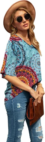 Vista 4 de SUEANI - Camiseta de cuello en V para mujer, diseño holgado con manga 34 acampanada