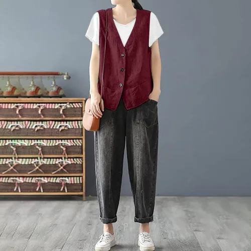 Vista 5 de Chaleco de lino de algodón para mujer, casual, vintage, sin mangas, con botones, a la moda, suelto, ligero, ropa de abrigo