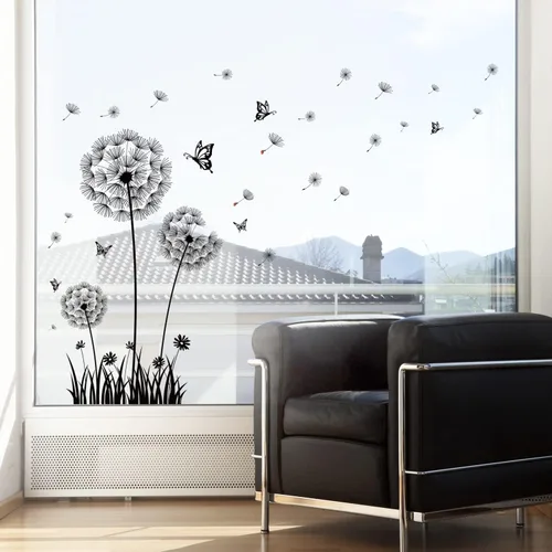 Vista 5 de BASHOM BS-105 Calcomanías de pared de diente de león negro flor voladora mariposas calcomanías para sala de estar, dormitorio, cuarto de bebé, baño