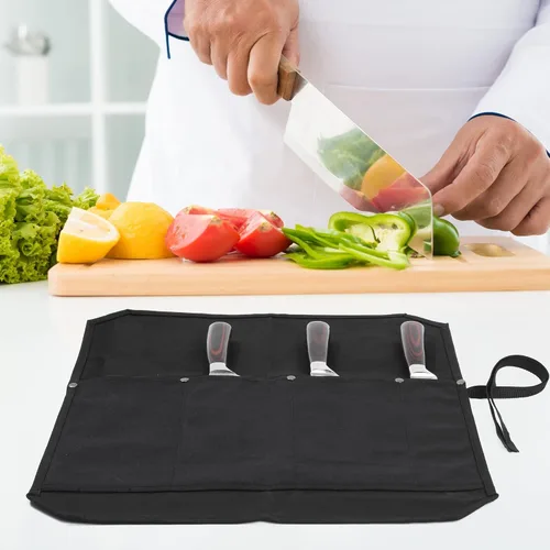 Vista 6 de Bolsa para cuchillos de chef, rollo para cuchillos con 4 ranuras, forro de tela especializado resistente a cortes, lona encerada resistente de 16