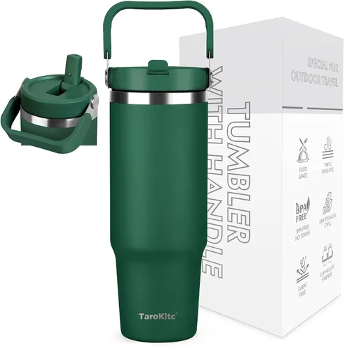 Vista 14 de TaroKitc Vaso de 30 onzas con asa y popote abatible, botella de agua aislada al vacío de triple pared, taza de viaje reutilizable a prueba de fugas