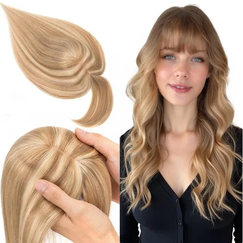 Vista 11 de SEGO Toppers de cabello humano 100% real, con flequillo de aire, base de seda 150% de densidad, topper con clip, 2.7 x 5.1 pulgadas, piezas