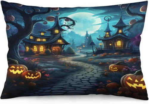 Vista 18 de Fundas de almohada frescas de casa embrujada, castillo, luna, bosque medieval, calabaza, fundas de almohada rectangulares con cremallera invisible