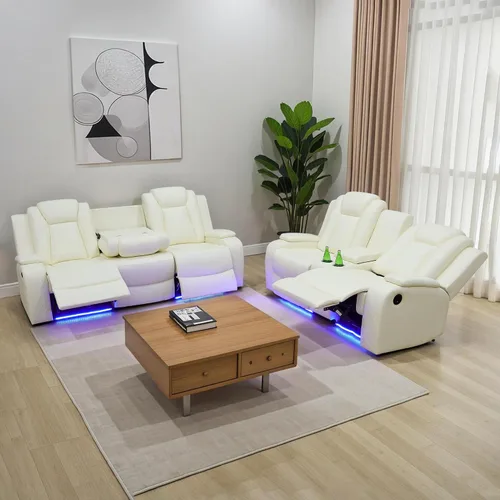Vista 12 de Juego de sofá reclinable eléctrico para sala de estar, juego de sofá reclinable de cuero con luz LED, soporte para tazas, almacenamiento de consola