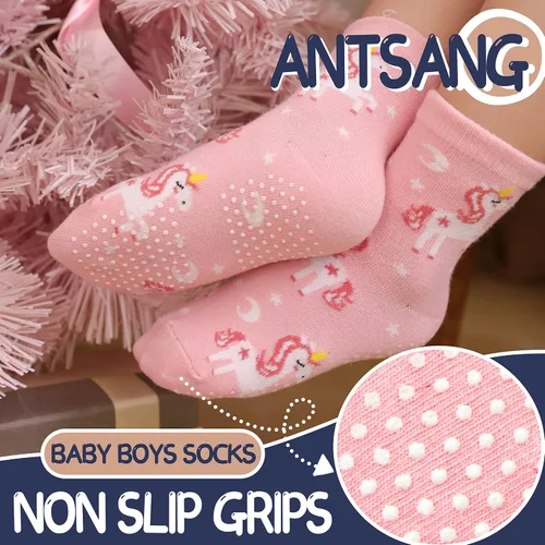 Vista 3 de ANTSANG Calcetines de algodón a rayas de unicornio para bebés, niñas y niños pequeños
