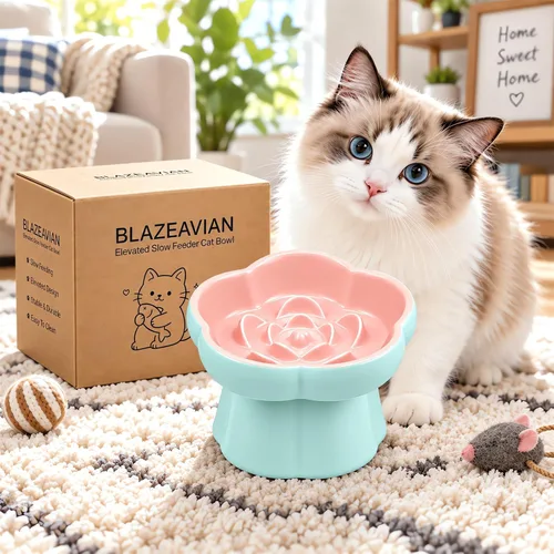 Vista 2 de Raised Slow Feeder Cat Bowl,Ceramic Elevated and Titled Cat Bowl Blue/Pink