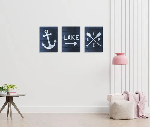 Vista 2 de Nautical Anchor - Lienzo decorativo para pared, diseño de lago de 11 x 14 pulgadas (juego de 3) para el hogar, dormitorio, sala de estar, porche