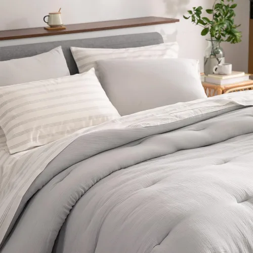 Vista 3 de SHALALA - Juego de ropa de cama ligera de gasa de algodón gris claro, edredones gris claro para cama King, juegos de cama suaves y cálidos con juego