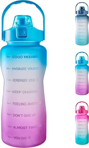 Vista 10 de EYQ Botella de agua potable gratuita sin fugas de 64 oz/128 oz con marcador de tiempo motivacional sin BPA para fitness, gimnasio y deportes al aire