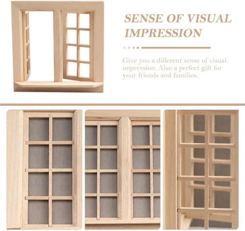 Vista 5 de Toyvian Ventana de casa de muñecas, 1: marco de ventana de madera en miniatura a escala 12, accesorio de muebles de casa de muñecas para decoración