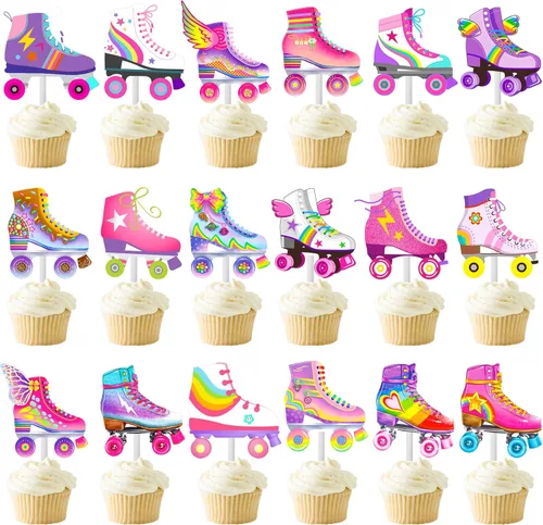 Vista 2 de 36 piezas de patines de ruedas para cupcakes, decoración de fiesta de cumpleaños, estilo retro, hip hop, temática de patinaje, para cupcakes para 80