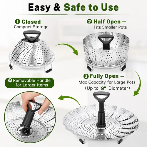 Vista 3 de Cesta de vapor para olla, cesta de vapor de verduras de acero inoxidable para cocinar con diseño plegable expandible y mango extensible, se adapta a