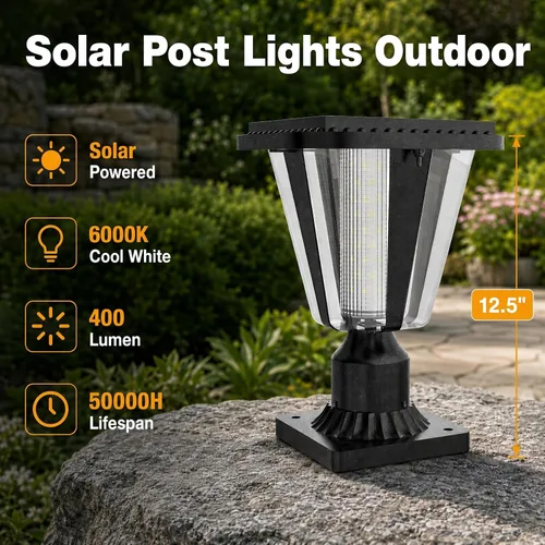Vista 10 de Lovus Paquete de 2 luces solares para exteriores, 400 lúmenes, poste de aluminio del atardecer al amanecer con base de montaje en muelle, IP65