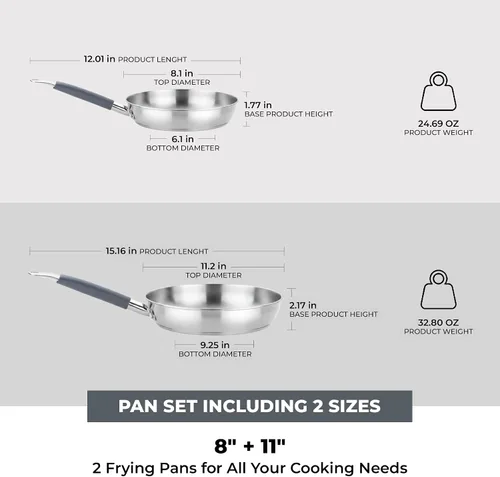 Vista 2 de BRA COOKWARE Master 2 - Juego de sartenes profesionales de 8 + 10.2 pulgadas, sartén de acero inoxidable, compatible con todas las estufas, sartén