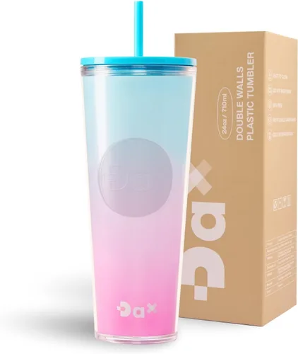 Vista 15 de DA Vaso de plástico de 24 onzas con tapa y popote, resistente a fugas Azul