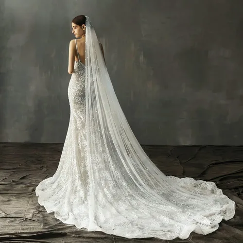 Vista 2 de AMBRE ADELE Cathedral Bridal Long Tulle Veil With Pearl, Wedding Veil for Brides
