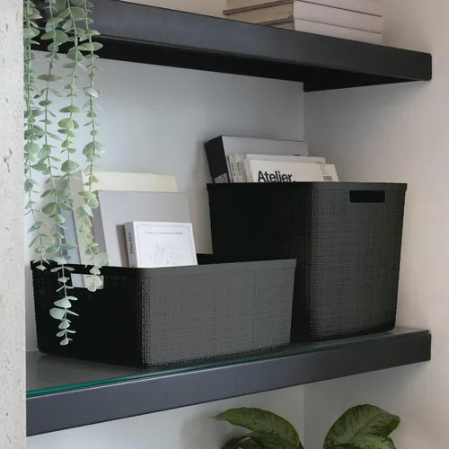 Vista 7 de Curver Juego de 6 cestas decorativas de plástico de yute mediano de 12 litros, para organización y almacenamiento, contenedores perfectos para Negro