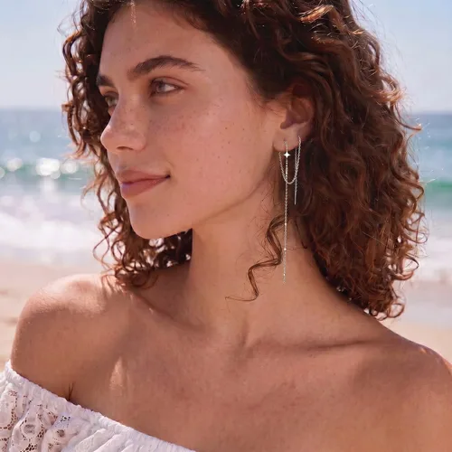 Vista 4 de SLUYNZ 925 Sterling Silver Star Long Dangle Earrings Chain for Women Teens Line Dangle Earrings Tassel Threader Chain plata de ley A