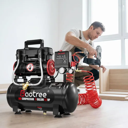 Vista 7 de Compresor de aire ultra silencioso de 3 galones con dos acopladores rápidos, 1.2HP MAX 115PSI Compresor de aire sin aceite Tanques de acero