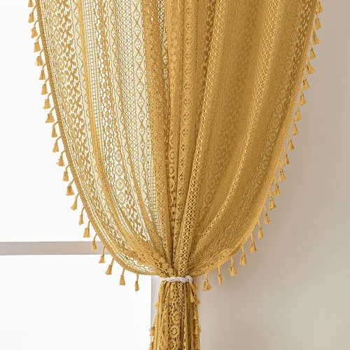 Vista 21 de WAZZIO Cortinas de Encaje, Cortina Boho de Crochet para Dormitorio, Cortinas de Café de Algodón, 45 Pulgadas de Largo, 2 Paneles con Bolsillo