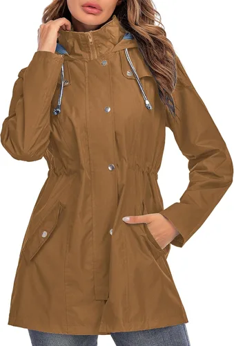 Vista 23 de Kikibell Chaqueta de lluvia para mujer con capucha, con forro a rayas, ligera, impermeable para exteriores, cortavientos Verde militar