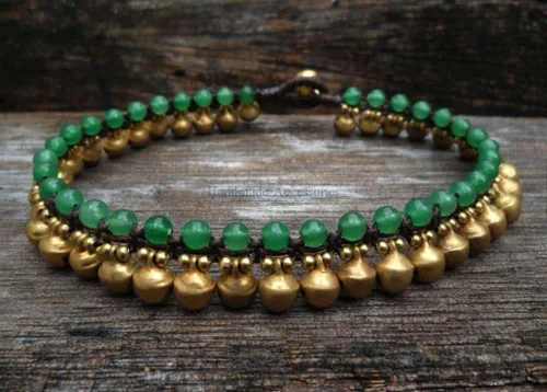 Vista 2 de Infinityee888 - Tobillera moderna de moda de jade verde y latón, 10 pulgadas, tejida con cordón de cera, hermoso estilo bohemio hippie hecho a mano