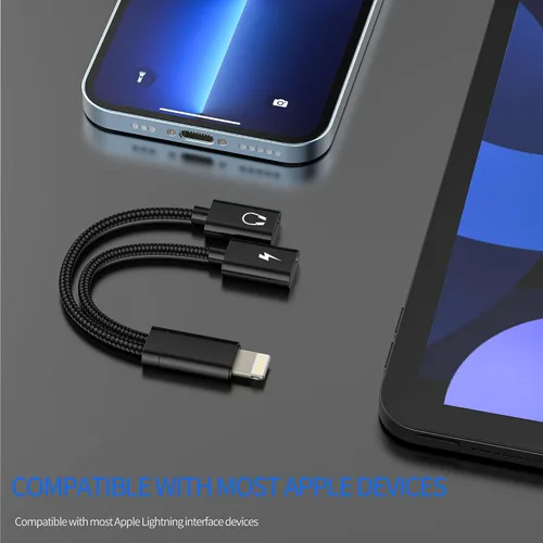 Vista 5 de Adaptador de auriculares para iPhone (2 en 1) Dual Lightning Jack Dongle Carga Divisor de Audio Cargador Conector Aux Puerto de Alimentación 14 13