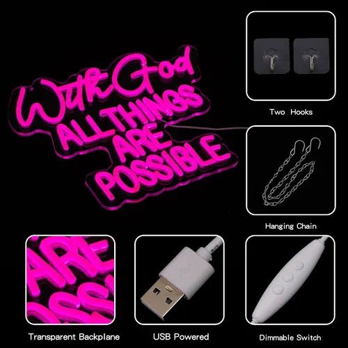 Vista 4 de Letrero de neón con texto en inglés "With God All Things Are Possible" para decoración de pared, letrero de neón LED rosa, luz de neón regulable