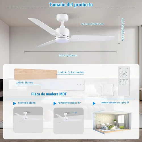 Vista 5 de Newday Ventiladores de techo de 48 pulgadas con control remoto de luces para dormitorio, sala de estar, cocina, oficina, interiores o exteriores