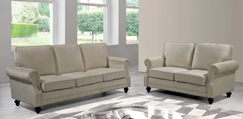 Vista 3 de Container Furniture Direct Lotus - Sofá biplaza tapizado de terciopelo moderno de mediados de siglo, con brazos enrollados, color beige