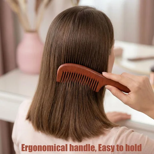 Vista 8 de Juego de 2 peines de madera de sándalo con dientes anchos y finos, peine de madera para mujeres y hombres, peine de madera antiestático para cabello
